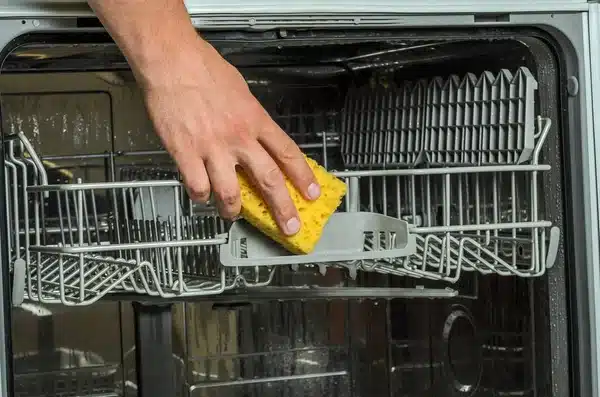 Dishwasher Man Hand Cleans Dishwasher Machine