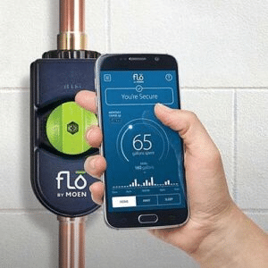 Flo by Moen smart water valve installed on a copper pipe