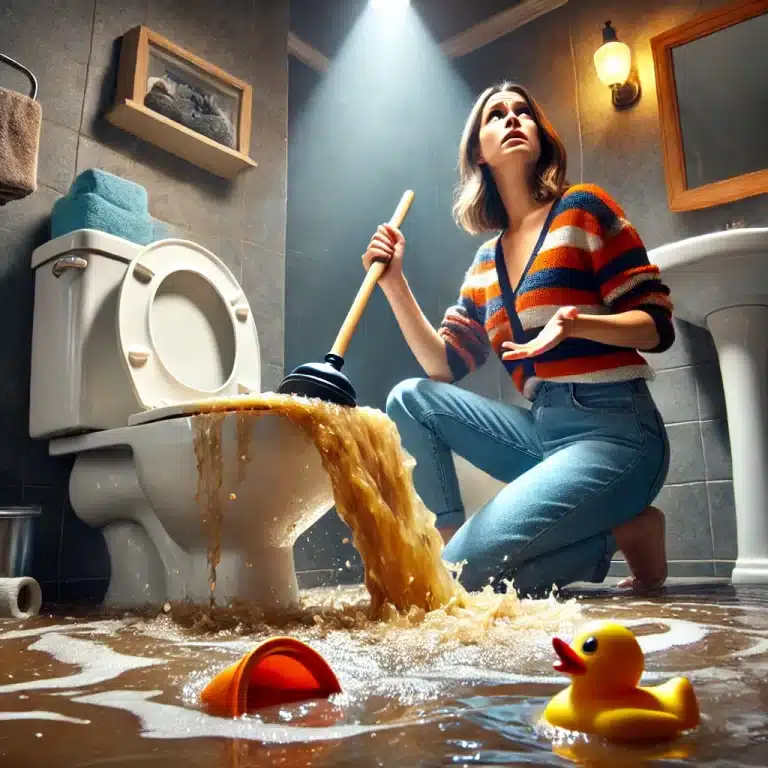 A concerned homeowner holding a plunger next to an overflowing toilet with dirty water and a rubber duck floating in the bowl.